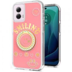 For Motorola Moto G 5G 2024 Smiling Glitter Ornament Bling With Ring Stand Hybrid Case Cover - Pink