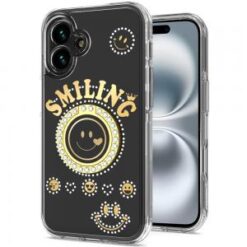 For iPhone 16 Plus 6.7 inch Smiling Glitter Ornament Bling With Ring Stand Hybrid Case Cover - Black