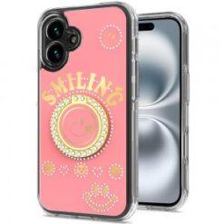 For iPhone 16 Plus 6.7 inch Smiling Glitter Ornament Bling With Ring Stand Hybrid Case Cover - Pink