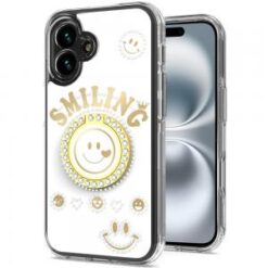 For iPhone 16 Plus 6.7 inch Smiling Glitter Ornament Bling With Ring Stand Hybrid Case Cover - White