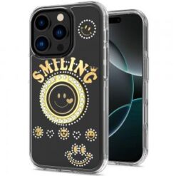 iPhone 16 Pro 6.3 inch Smiling Glitter Ornament Bling With Ring Stand Hybrid Case Cover - Black