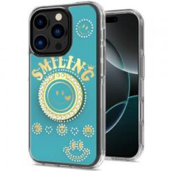 iPhone 16 Pro 6.3 inch Smiling Glitter Ornament Bling With Ring Stand Hybrid Case Cover - Blue