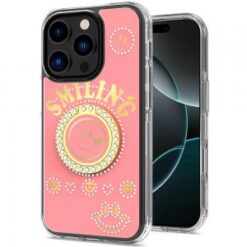 iPhone 16 Pro 6.3 inch Smiling Glitter Ornament Bling With Ring Stand Hybrid Case Cover - Pink