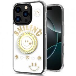 iPhone 16 Pro 6.3 inch Smiling Glitter Ornament Bling With Ring Stand Hybrid Case Cover - White