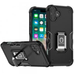 For iPhone 16 Plus 6.7 inch OPTIMUM Magnetic Ring Stand Hybrid Case Cover - Black