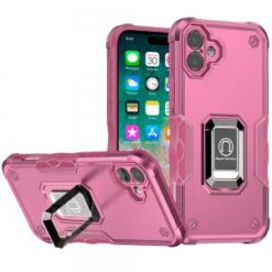 For iPhone 16 Plus 6.7 inch OPTIMUM Magnetic Ring Stand Hybrid Case Cover - Pink