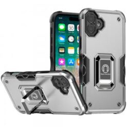 For iPhone 16 Plus 6.7 inch OPTIMUM Magnetic Ring Stand Hybrid Case Cover - Silver