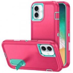 For iPhone 16 Plus 6.7 inch PEAK 3in1 Toughest Hybrid with Stand Cover Case - Teal/Hot Pink