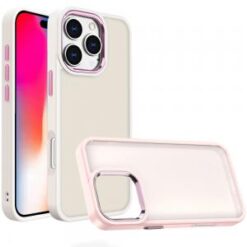 iPhone 16 Pro 6.3 inch Polished Oil Thick Acrylic Metal Button Hybrid Case Cover - Beige