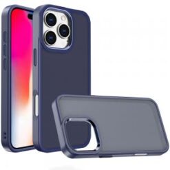 iPhone 16 Pro 6.3 inch Polished Oil Thick Acrylic Metal Button Hybrid Case Cover - Dark Blue
