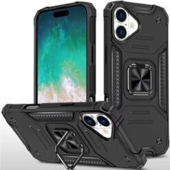 For iPhone 16 Plus 6.7 inch Robust Magnetic Kickstand Hybrid Case Cover - Black