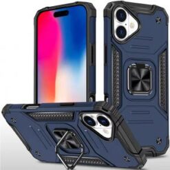 iPhone 16 6.1 inch Robotic Hybrid with Magnetic Ring Stand Case Cover - Black