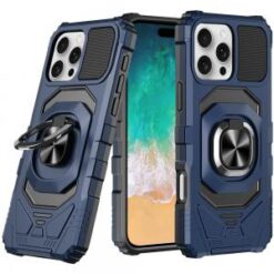 iPhone 16 Pro Max 6.9 inch Robotic Hybrid with Magnetic Ring Stand Case Cover - Dark Blue
