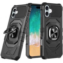 For iPhone 16 Plus 6.7 inch Robotic Hybrid with Magnetic Ring Stand Case Cover - Black