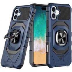 For iPhone 16 Plus 6.7 inch Robotic Hybrid with Magnetic Ring Stand Case Cover - Dark Blue