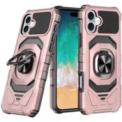 For iPhone 16 Plus 6.7 inch Robotic Hybrid with Magnetic Ring Stand Case Cover - Rose Gold