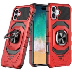 For iPhone 16 Plus 6.7 inch Robotic Hybrid with Magnetic Ring Stand Case Cover - Red
