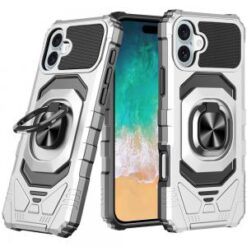 For iPhone 16 Plus 6.7 inch Robotic Hybrid with Magnetic Ring Stand Case Cover - Silver