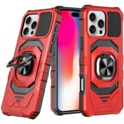 iPhone 16 Pro 6.3 inch Robotic Hybrid with Magnetic Ring Stand Case Cover - Red