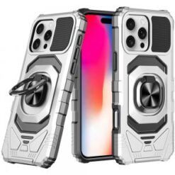 iPhone 16 Pro 6.3 inch Robotic Hybrid with Magnetic Ring Stand Case Cover - Silver