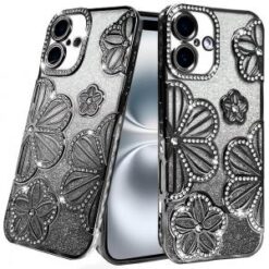 For iPhone 16 Plus 6.7 inch Shimmer Glitter Floral Design Thick TPU Case Cover - Black