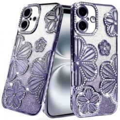 For iPhone 16 Plus 6.7 inch Shimmer Glitter Floral Design Thick TPU Case Cover - Purple