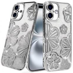 For iPhone 16 Plus 6.7 inch Shimmer Glitter Floral Design Thick TPU Case Cover - Silver