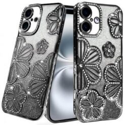 iPhone 16 6.1 inch Shimmer Glitter Floral Design Thick TPU Case Cover - Gold