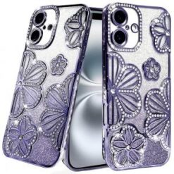 iPhone 16 6.1 inch Shimmer Glitter Floral Design Thick TPU Case Cover - Rose Gold