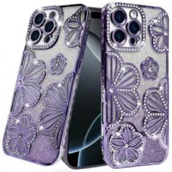 iPhone 16 Pro 6.3 inch Shimmer Glitter Floral Design Thick TPU Case Cover - Purple