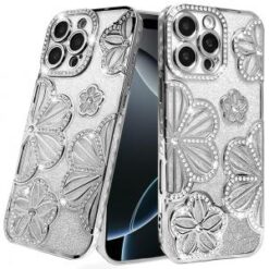 iPhone 16 Pro 6.3 inch Shimmer Glitter Floral Design Thick TPU Case Cover - Silver