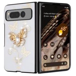 For Samsung Z Fold 6 SPLENDID Diamond Glitter Ornaments Engraving Case Cover - Garden Butterflies Wh