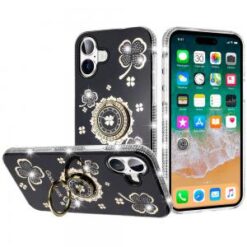 For iPhone 16 Plus 6.7 inch Splendid Glitter with Diamonds All Around Edges Ring Stand Case Cover -