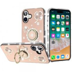 For iPhone 16 Plus 6.7 inch Splendid Glitter with Diamonds All Around Edges Ring Stand Case Cover -