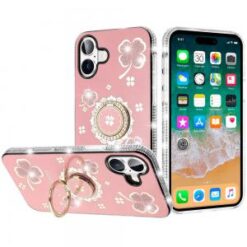 For iPhone 16 Plus 6.7 inch Splendid Glitter with Diamonds All Around Edges Ring Stand Case Cover -