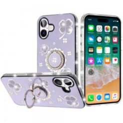 For iPhone 16 Plus 6.7 inch Splendid Glitter with Diamonds All Around Edges Ring Stand Case Cover -