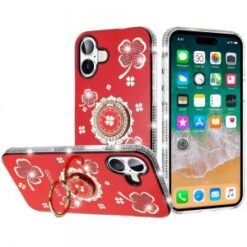 For iPhone 16 Plus 6.7 inch Splendid Glitter with Diamonds All Around Edges Ring Stand Case Cover -