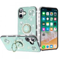 For iPhone 16 Plus 6.7 inch Splendid Glitter with Diamonds All Around Edges Ring Stand Case Cover -
