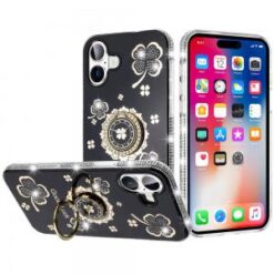 iPhone 16 6.1 inch Splendid Glitter with Diamonds All Around Edges Ring Stand Case Cover - Pink