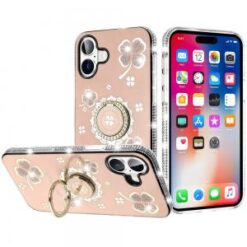 iPhone 16 6.1 inch Splendid Glitter with Diamonds All Around Edges Ring Stand Case Cover - Purpl