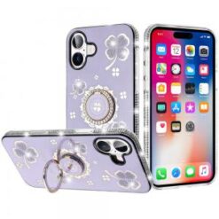 iPhone 16 6.1 inch Splendid Glitter with Diamonds All Around Edges Ring Stand Case Cover - Teal