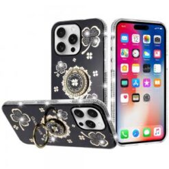 iPhone 16 Pro 6.3 inch Splendid Glitter with Diamonds All Around Edges Ring Stand Case Cover - B