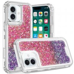 For iPhone 16 Plus 6.7 inch Epoxy Sticker Glitter 3in1 Shockproof Transparent Hybrid Case - Hot Pink