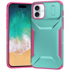 For iPhone 16 Plus 6.7 inch Ultimate U Design Hybrid with Camera Window Covering - Teal+Pink