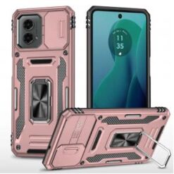 For Motorola Moto G 5G 2024 Utter Tough Metal Ring Movable Camera Window Hybrid Case Cover - Rose Go