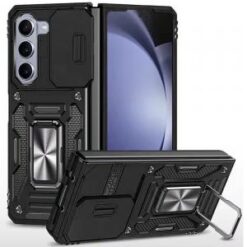 For Samsung Z Fold 6 Utter Tough Metal Ring Movable Camera Window Hybrid Case Cover - Black