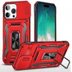iPhone 16 Pro Max 6.9 inch Utter Tough Metal Ring Movable Camera Window Hybrid Case Cover - Red