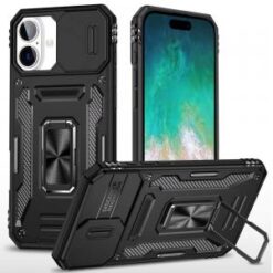 For iPhone 16 Plus 6.7 inch Utter Tough Metal Ring Movable Camera Window Hybrid Case Cover - Black