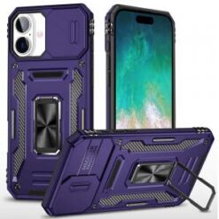For iPhone 16 Plus 6.7 inch Utter Tough Metal Ring Movable Camera Window Hybrid Case Cover - Dark Pu