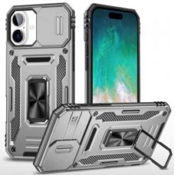 For iPhone 16 Plus 6.7 inch Utter Tough Metal Ring Movable Camera Window Hybrid Case Cover - Gray